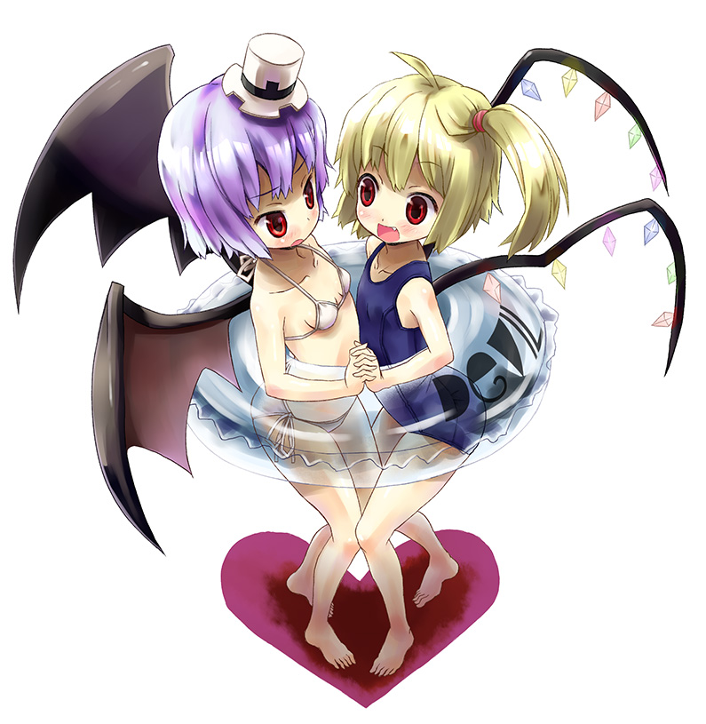 2girls, barefoot, bat_wings, bikini, blonde_hair, blue_hair, fang, female_focus