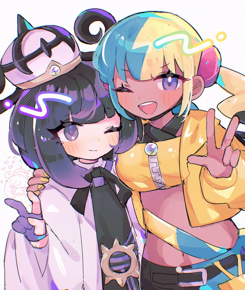 2girls, ;), ;d, arm_around_shoulder, belt, belt_buckle, black_dress, black_hair