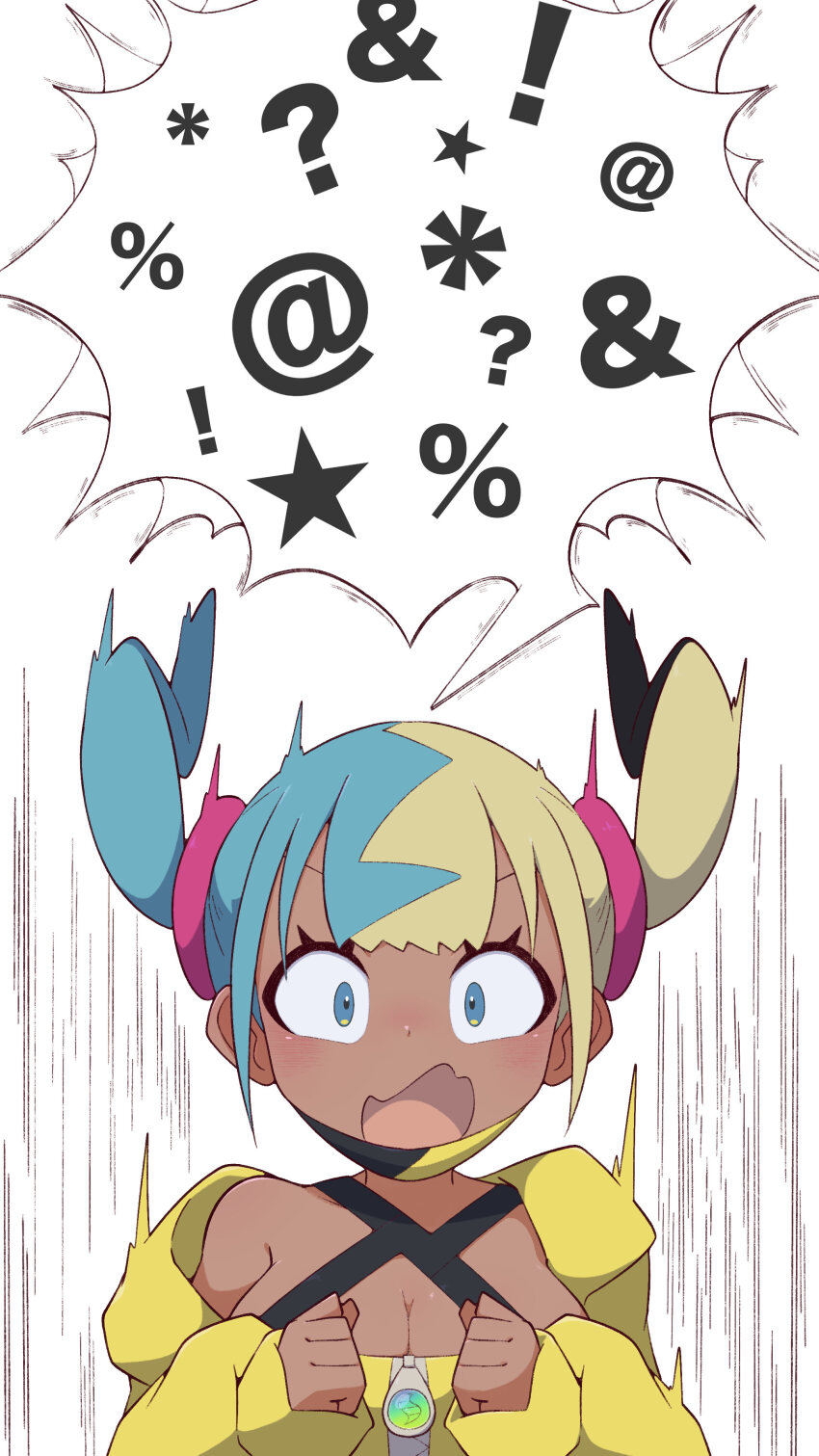 1girl, absurdres, afuron, blue_eyes, breasts, canari_(pokemon), cleavage, clenched_hands