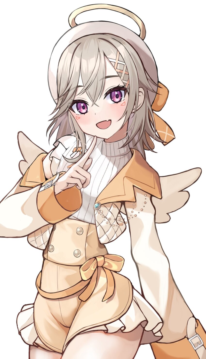 1girl, blonde_hair, commentary, cropped_jacket, facial_mark, fang, halo, hashtag-only_commentary