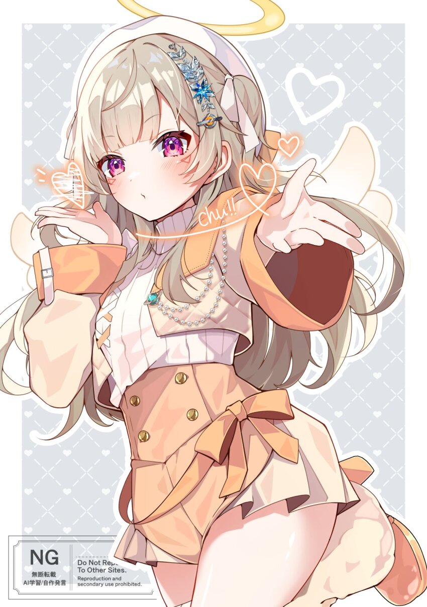 1girl, blonde_hair, blush, border, closed_mouth, commentary_request, cropped_jacket, facial_mark