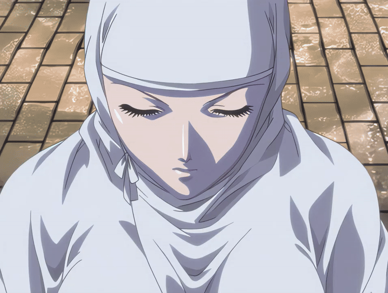 1girl, 2005, animated, animated_gif, anime_screenshot, beads, bible_black, bible_black_new_testament, breasts, closed_eyes, huge_filesize, large_breasts, mature_female, monk, religious, robe, shin_bible_black, smile, tagme, takashiro_hiroko, veil