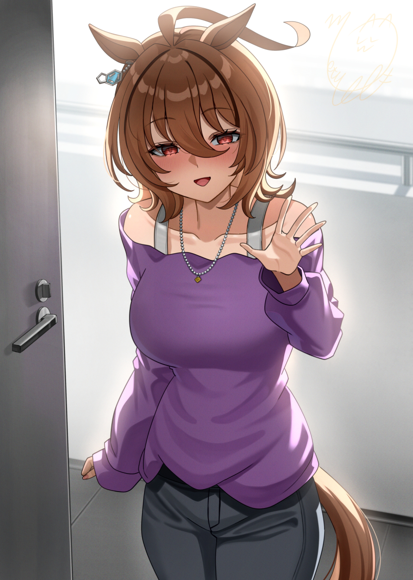 1girl, agnes_tachyon_(casual)_(umamusume), agnes_tachyon_(umamusume), ahoge, animal_ears, black_pants, blush, breasts