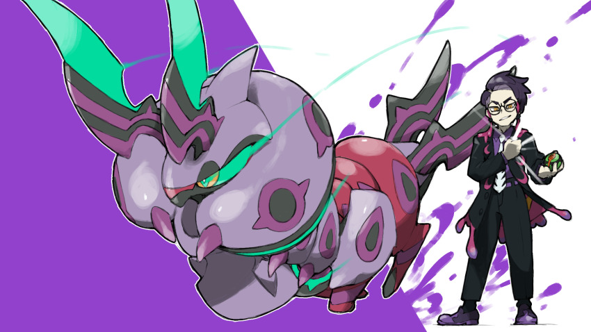 1boy, aqua_eyes, belt, black_jacket, black_pants, black_socks, blacknirrow, bright_pupils, collared_shirt, colored_sclera, commentary, corbeau_(pokemon), dusk_ball, eye_trail, gen_5_pokemon, glasses, highres, holding, holding_poke_ball, jacket, light_trail, long_sleeves, mega_scolipede, necktie, nintendo, open_clothes, open_jacket, outline, pants, poke_ball, pokemon, pokemon_(creature), pokemon_legends:_z-a, purple_belt, purple_hair, purple_shirt, purple_shoes, round_eyewear, scolipede, shirt, shoes, short_hair, simple_background, smile, socks, standing, two-tone_background, very_short_hair, white_necktie, white_outline, white_pupils, yellow_eyes, yellow_sclera