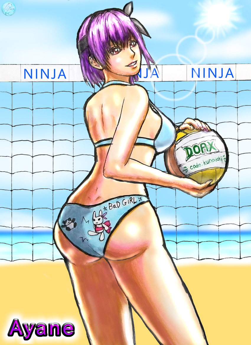 1girl, animal_print, ass, ayane_(doa), ball, beach, beach_volleyball, bear_print, bikini, black_ribbon, blue_bikini, blush, breasts, brown_eyes, clothes_writing, cloud, dead_or_alive, dead_or_alive_xtreme, from_behind, grin, hair_ribbon, hairband, highres, holding, holding_ball, large_breasts, looking_at_viewer, looking_back, ocean, panda_print, print_bikini, purple_hair, rabbit_print, ribbon, sand, short_hair, sky, smile, standing, sun, swimsuit, takahane_(higher_feather), teeth, volleyball, volleyball_(object), volleyball_net, water