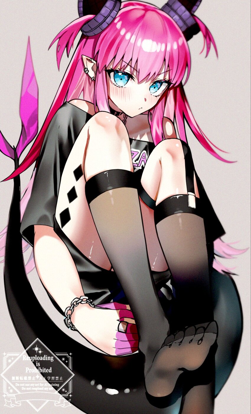 1girl, bare_shoulders, black_shirt, blue_eyes, blush, breasts, chain, chain_bracelet