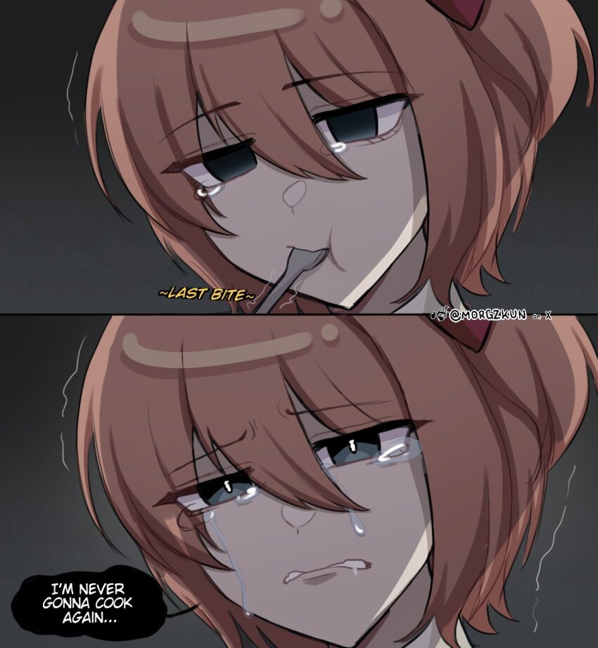 1girl, artist_self-insert, blue_eyes, brown_hair, closed_mouth, crying, crying_with_eyes_open, doki_doki_literature_club