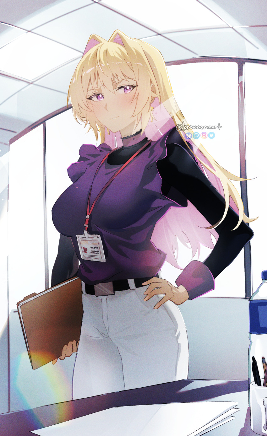 1girl, absurdres, belt, black_belt, black_shirt, blonde_hair, bottle, bukiyou_na_senpai