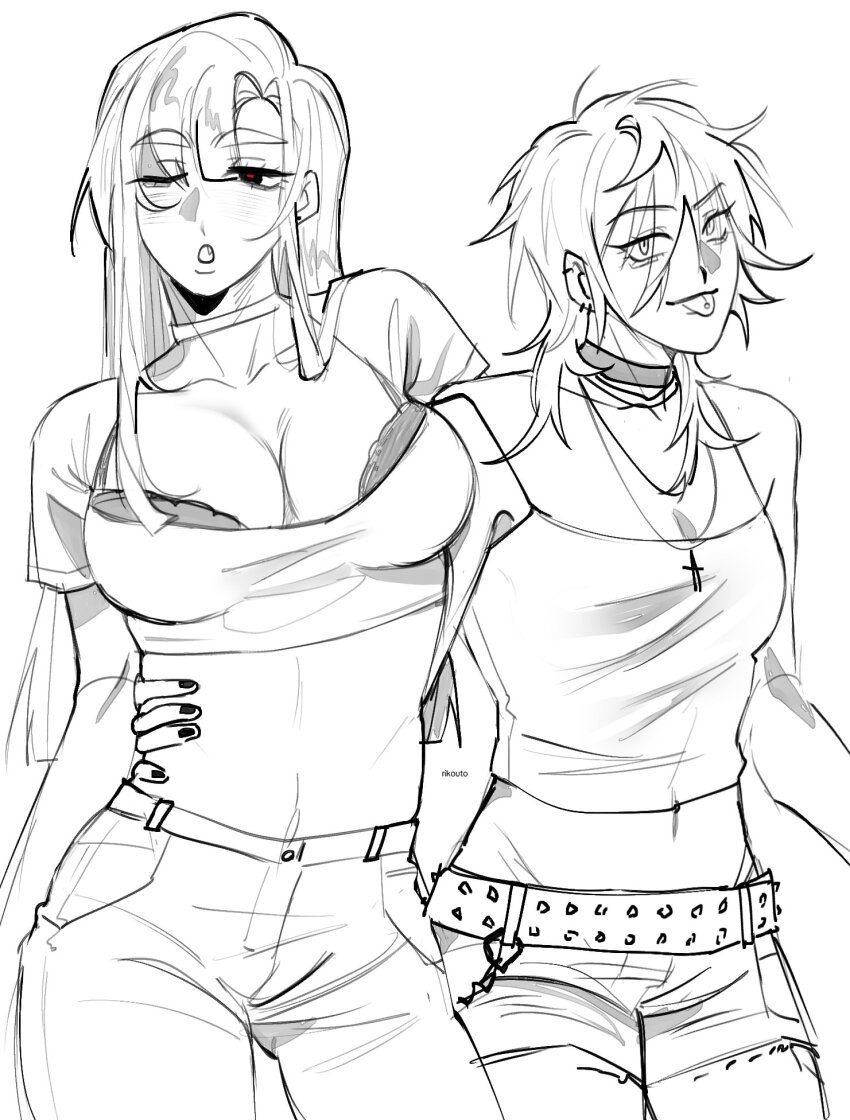 2girls, alien_stage, belt, bra, breasts, camisole, choker, commentary, crop_top, cross, cross_necklace, english_commentary, fang, genderswap, genderswap_(mtf), highres, ivan_(alien_stage), jewelry, large_breasts, long_hair, multiple_girls, necklace, one_eye_closed, open_mouth, pants, piercing, red_pupils, rikouto, till_(alien_stage), tongue, tongue_out, tongue_piercing, underwear, very_long_hair