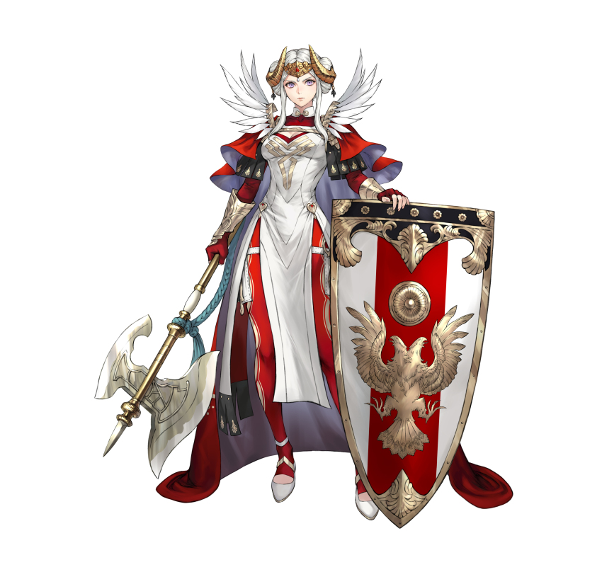 1girl, absurdres, armor, axe, battle_axe, breasts, cape, cleavage, cleavage_cutout, closed_mouth, clothing_cutout, dress, edelgard_von_hresvelg, edelgard_von_hresvelg_(adrestian_emperor), edelgard_von_hresvelg_(adrestian_emperor)_(resplendent), edelgard_von_hresvelg_(timeskip), fake_horns, feathers, fingerless_gloves, fire_emblem, fire_emblem:_three_houses, fire_emblem_heroes, full_body, gloves, hair_ornament, highres, holding, holding_axe, holding_shield, horns, long_hair, looking_at_viewer, makimura_shunsuke, medium_breasts, nintendo, official_alternate_costume, official_art, pantyhose, pelvic_curtain, purple_eyes, red_cape, red_gloves, red_pantyhose, shield, side_slit, simple_background, solo, weapon, white_background, white_dress, white_hair