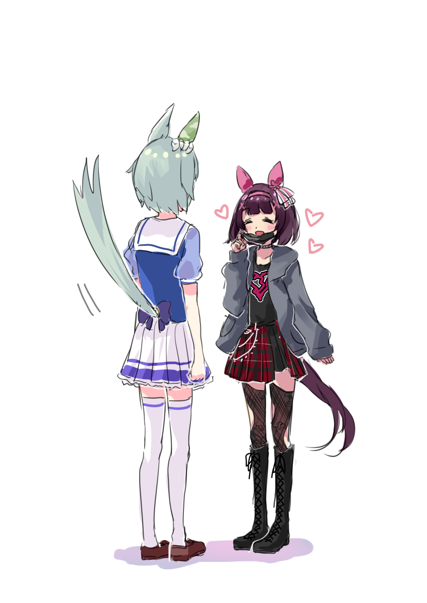2girls, absurdres, alternate_costume, animal_ears, bare_shoulders, black_shirt, black_thighhighs, blunt_bangs, blush, bow, breasts, brown_hair, choker, closed_eyes, collarbone, ear_covers, ear_ornament, grey_hair, grey_jacket, hair_ornament, hairband, hands_on_own_hips, heart, highres, horse_ears, horse_girl, horse_tail, jacket, looking_at_viewer, morizu929, multiple_girls, nishino_flower_(umamusume), open_clothes, open_jacket, open_mouth, pink_hairband, plaid_clothes, plaid_skirt, pleated_skirt, puffy_short_sleeves, puffy_sleeves, purple_bow, purple_shirt, red_skirt, sailor_collar, sailor_shirt, school_uniform, seiun_sky_(umamusume), shirt, shoes, short_hair, short_sleeves, skirt, sleeveless, sleeveless_shirt, small_breasts, smile, tail, thighhighs, tracen_school_uniform, umamusume, white_sailor_collar, white_skirt, white_thighhighs, x_hair_ornament