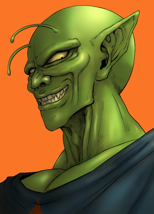 colored_skin, dragon_ball, green_skin, piccolo_daimaou, pointy_ears, smile, viridian-c, yellow_eyes