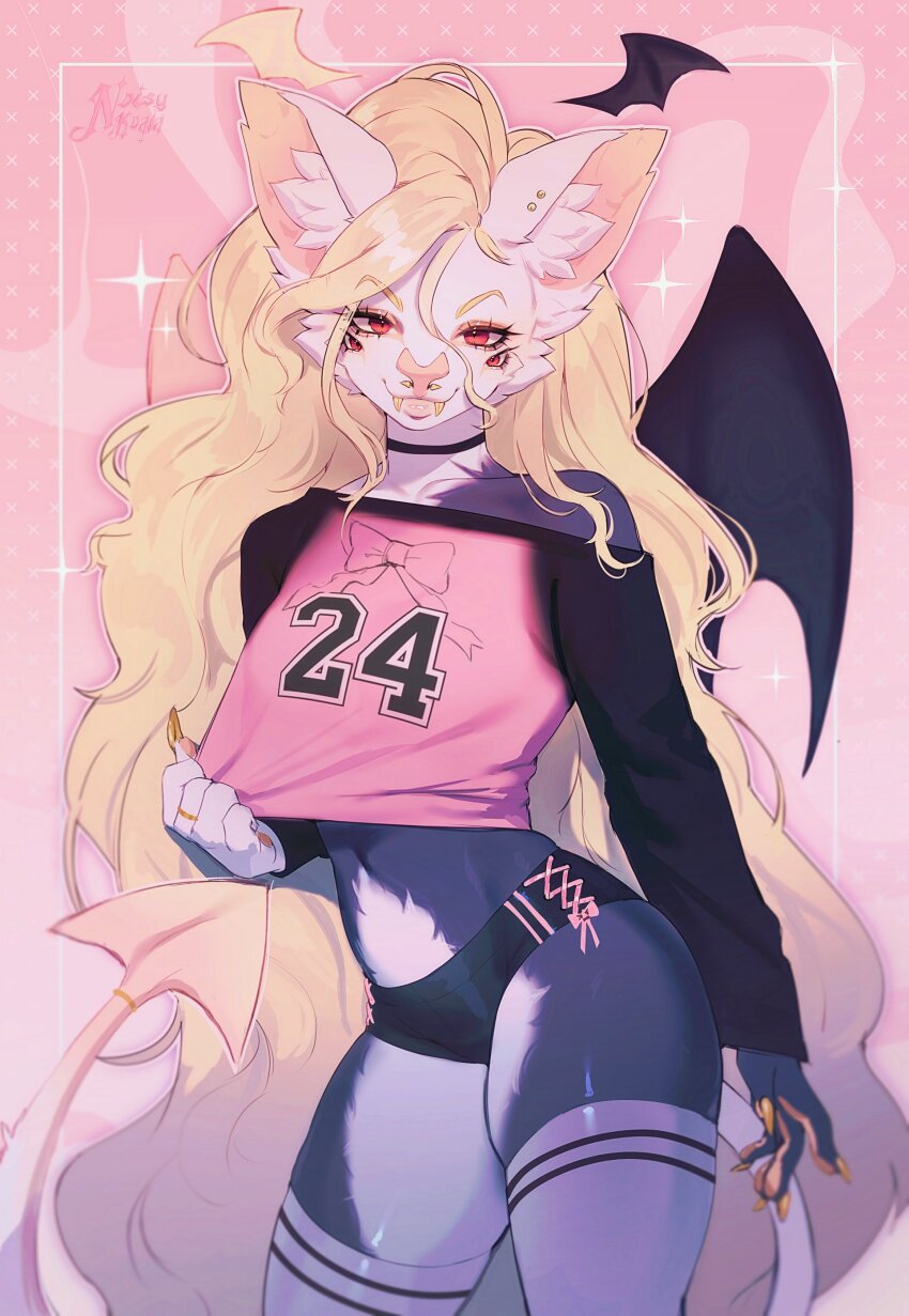 1girl, abstract_background, absurdres, animal_ear_piercing, animal_ears, animal_nose, artist_name, bat_ears