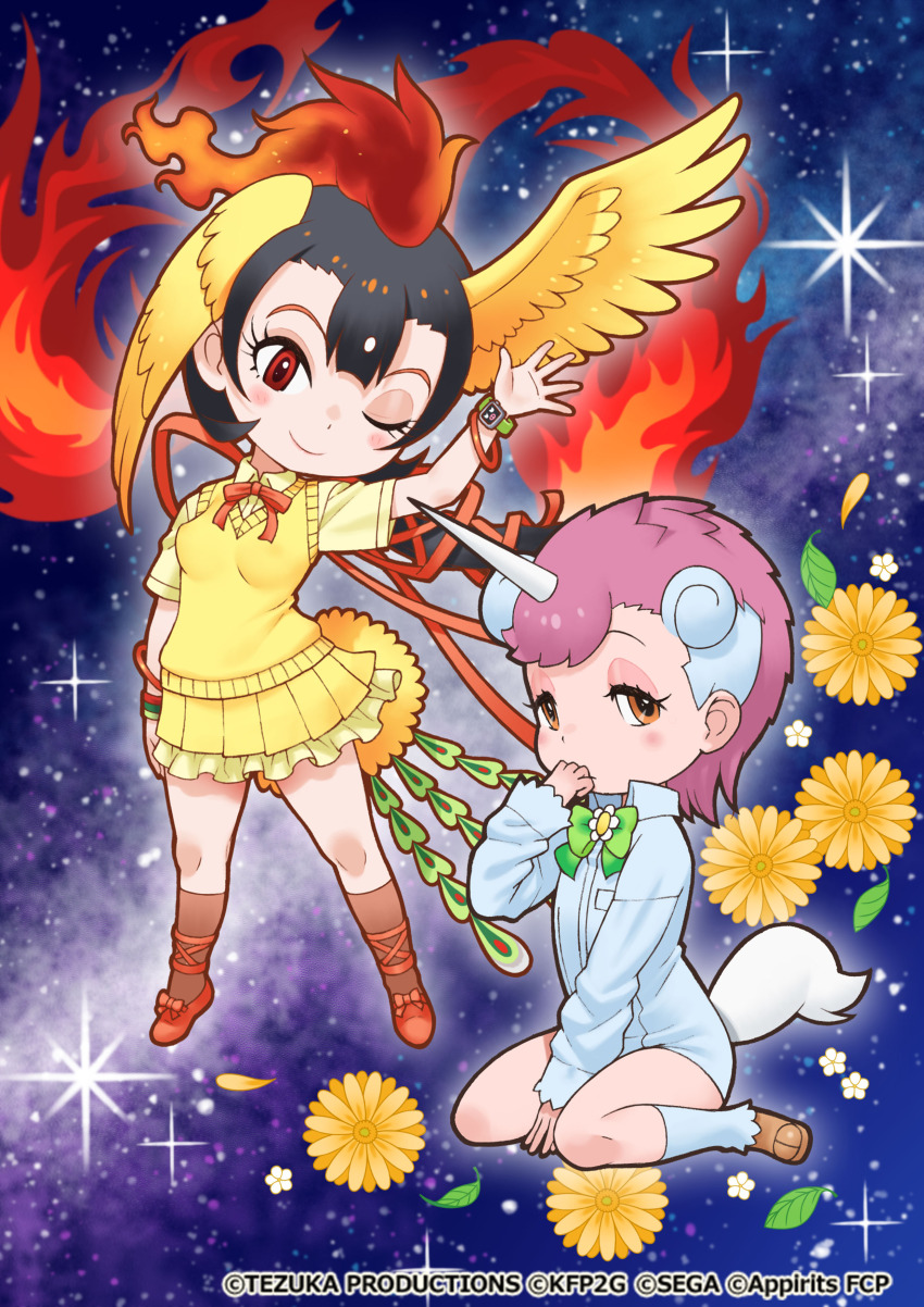 2girls, absurdres, bird_girl, bird_tail, bird_wings, black_hair, bow, brown_eyes