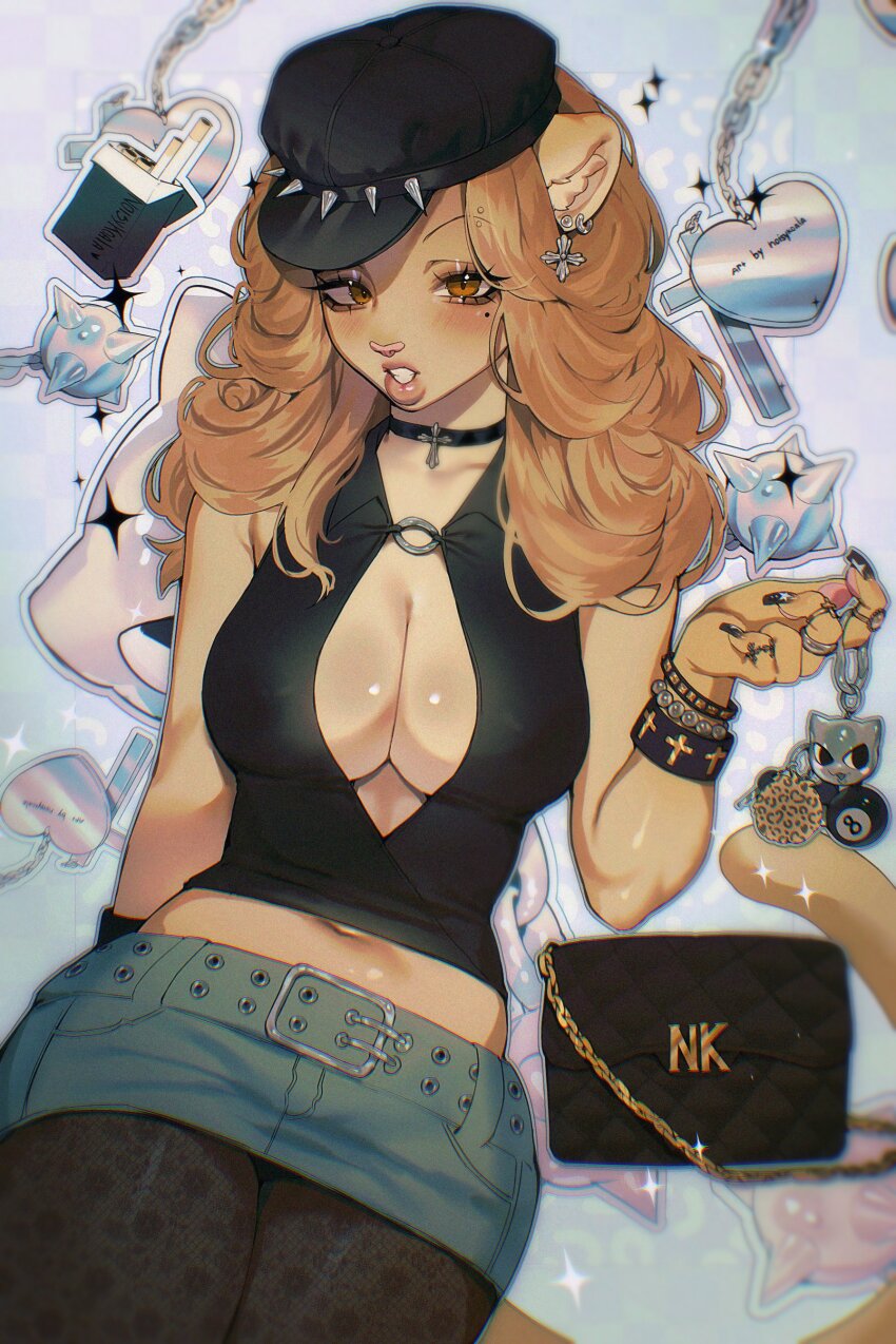 1girl, absurdres, aegyo_sal, animal_ears, animal_nose, animal_print, arm_behind_back, bag