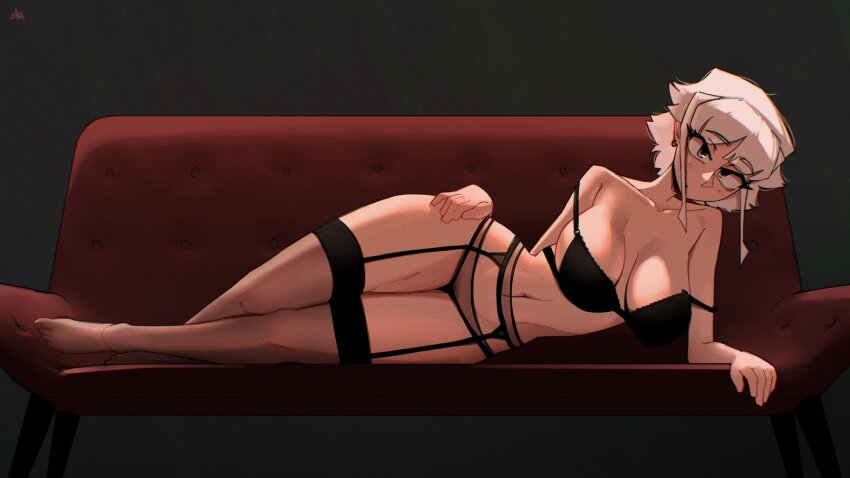 1girl, black_bra, black_panties, black_thighhighs, bra, breasts, breasts_apart, commentary