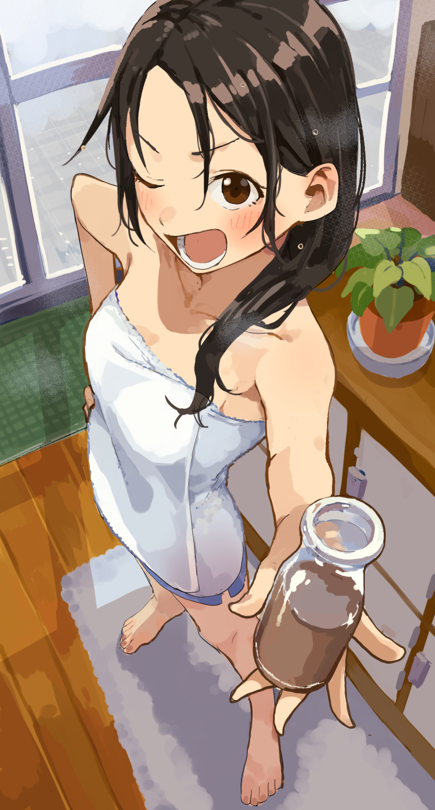 1girl, ;d, bare_arms, bare_legs, bare_shoulders, barefoot, black_hair, blush