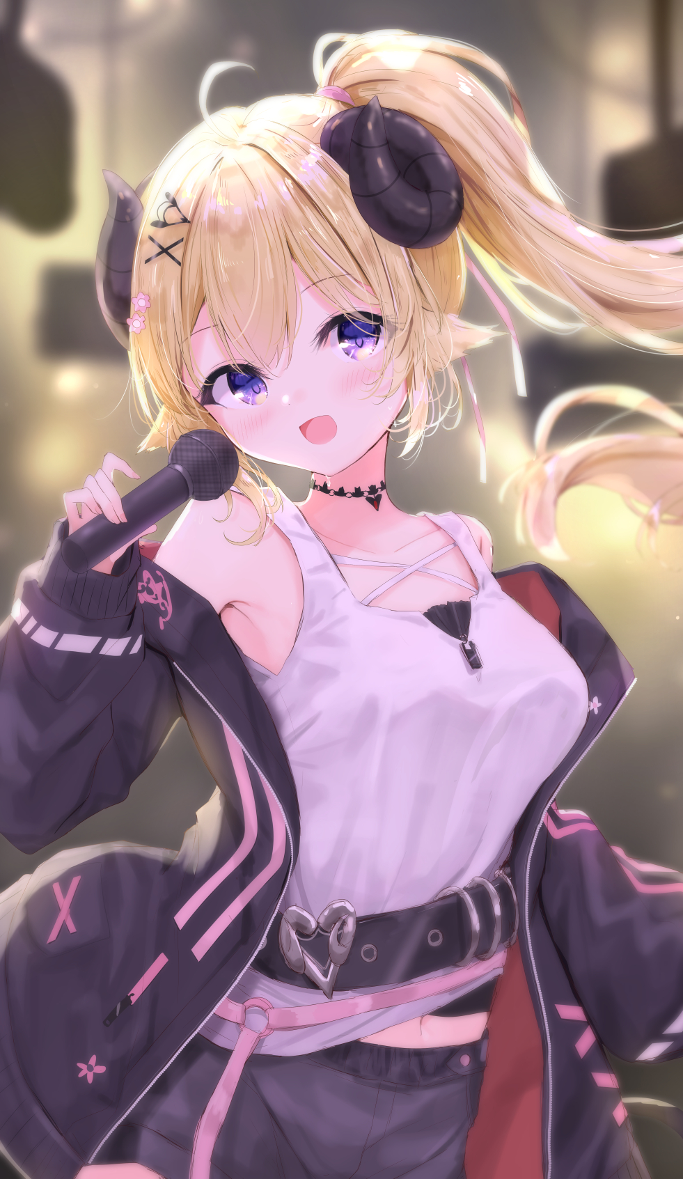 1girl, :d, animal_ears, belt, belt_buckle, black_belt, black_jacket, black_shorts