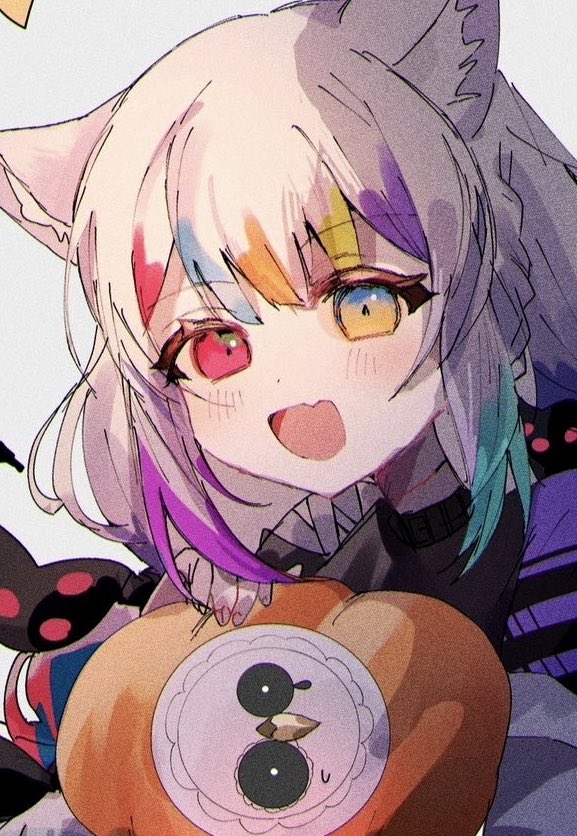 1girl, :d, animal_ears, cat_ears, commentary, commentary_request, english_commentary, fang, gokuchou, grey_background, harumaking, heterochromia, jogasaki_noah, long_hair, looking_at_viewer, mahou_shoujo_no_majo_saiban, mixed-language_commentary, multicolored_hair, open_mouth, pumpkin, red_eyes, skin_fang, smile, solo, streaked_hair, upper_body, white_hair, yellow_eyes