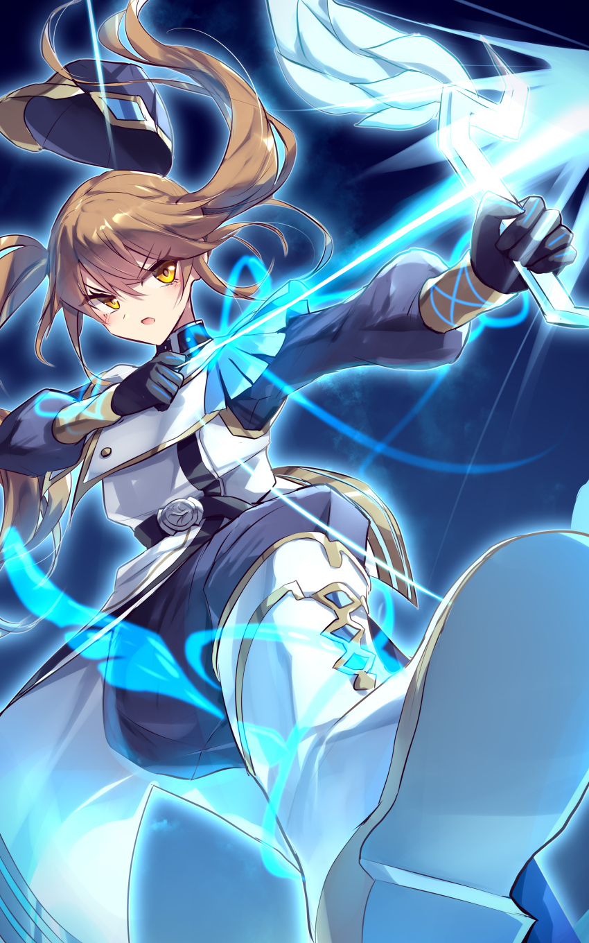 1girl, absurdres, black_gloves, boots, bow_(weapon), brown_hair, dress, duel_monster