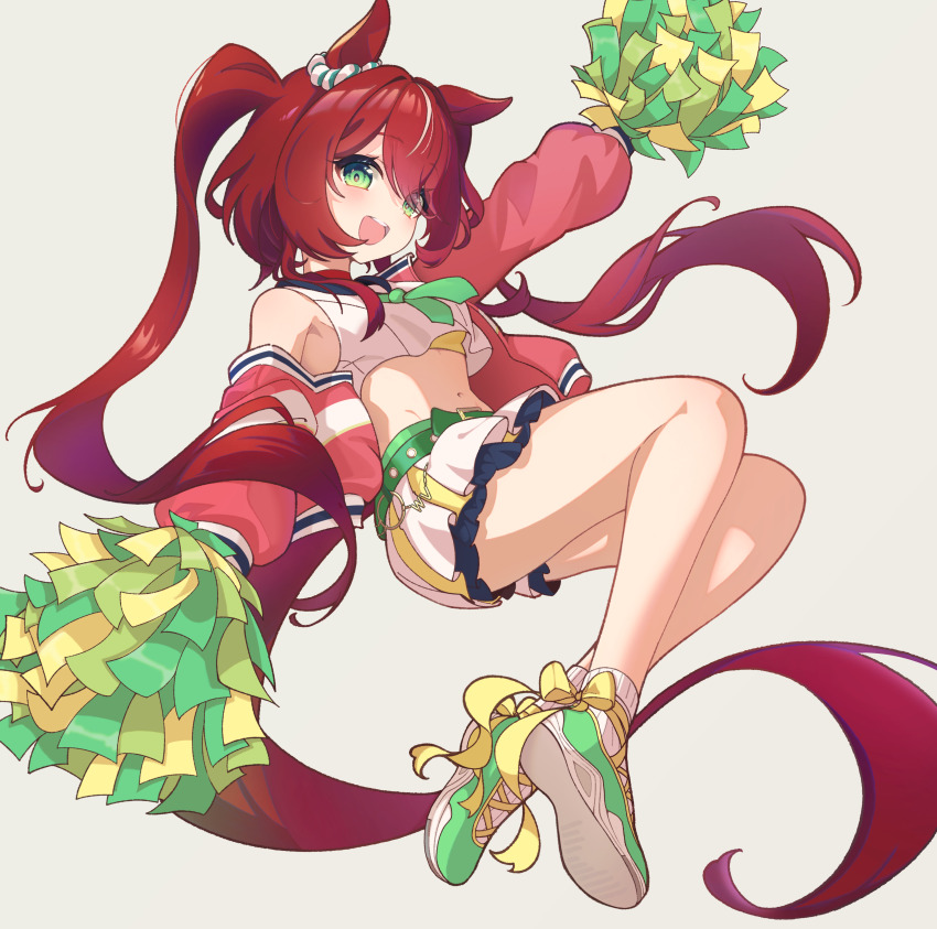 1girl, absurdres, animal_ears, bare_shoulders, blush, cheerleader, cropped_shirt, green_eyes