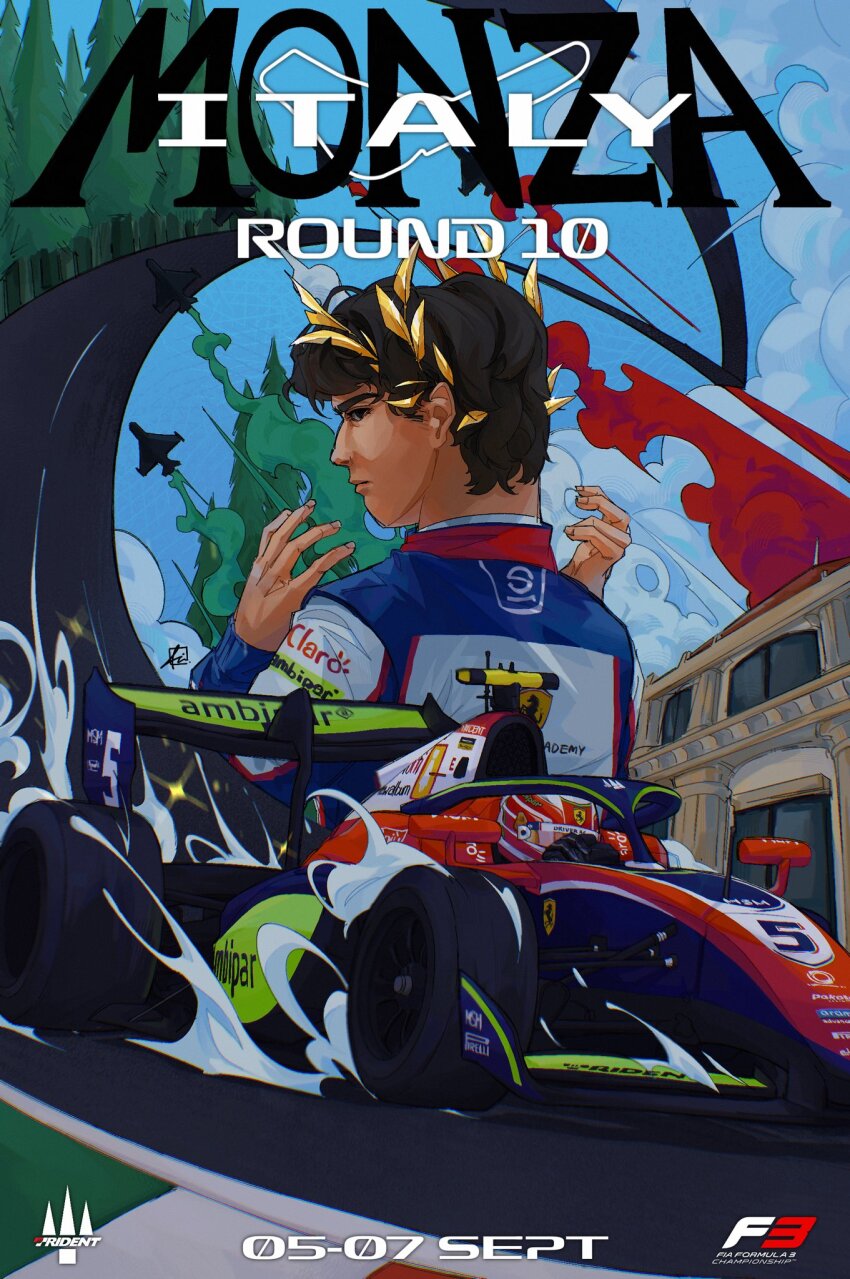 1boy, aircraft, airplane, atmisuki, autodromo_nazionale_di_monza, black_eyes, black_hair, blue_sky, car, closed_mouth, commentary, driving, english_commentary, formula_3, formula_racer, highres, laurel_crown, long_sleeves, looking_at_viewer, male_focus, motor_vehicle, multiple_views, race_vehicle, racecar, racing_suit, rafael_camara, short_hair, sky, smoke