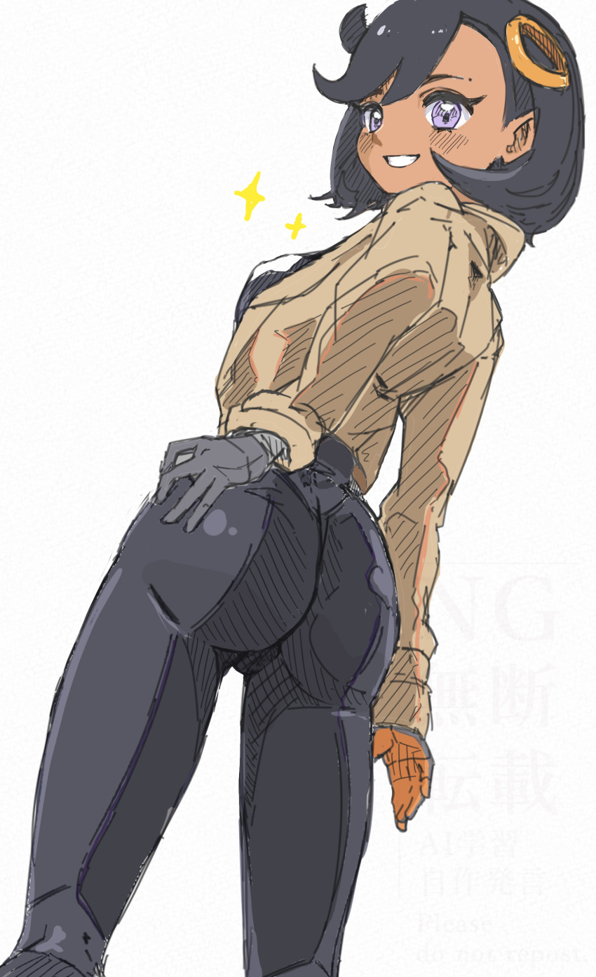 1girl, absurdres, ass, black_bodysuit, black_gloves, black_hair, bodysuit, bodysuit_under_clothes, breasts, brown_jacket, commentary_request, cowboy_shot, cowlick, dark-skinned_female, dark_skin, emma_(pokemon), from_behind, gloves, grin, hair_between_eyes, hair_ornament, hand_on_own_hip, highres, huge_ass, jacket, latex, latex_bodysuit, long_sleeves, looking_at_viewer, medium_breasts, nintendo, onihime_takun, orange_gloves, pokemon, pokemon_legends:_z-a, purple_eyes, short_hair, sidelocks, simple_background, sketch, smile, solo, sparkle, standing, swept_bangs, teeth, two-tone_gloves, white_background, wide_hips