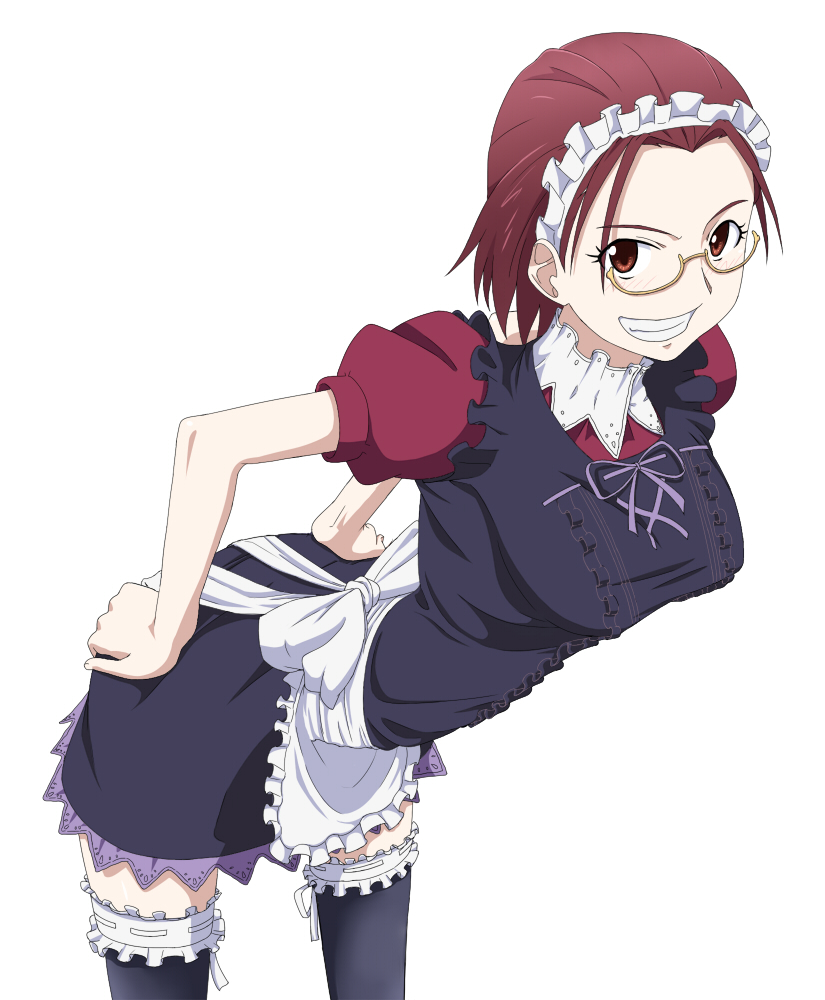 1girl, apron, arched_back, female_focus, frilled_thighhighs, frills, glasses, grin, hands_on_own_hips, kamisama_dolls, karahari_kuuko, maid, maid_apron, maid_headdress, red_hair, simple_background, smile, solo, thighhighs, yoshida_keiji, zettai_ryouiki