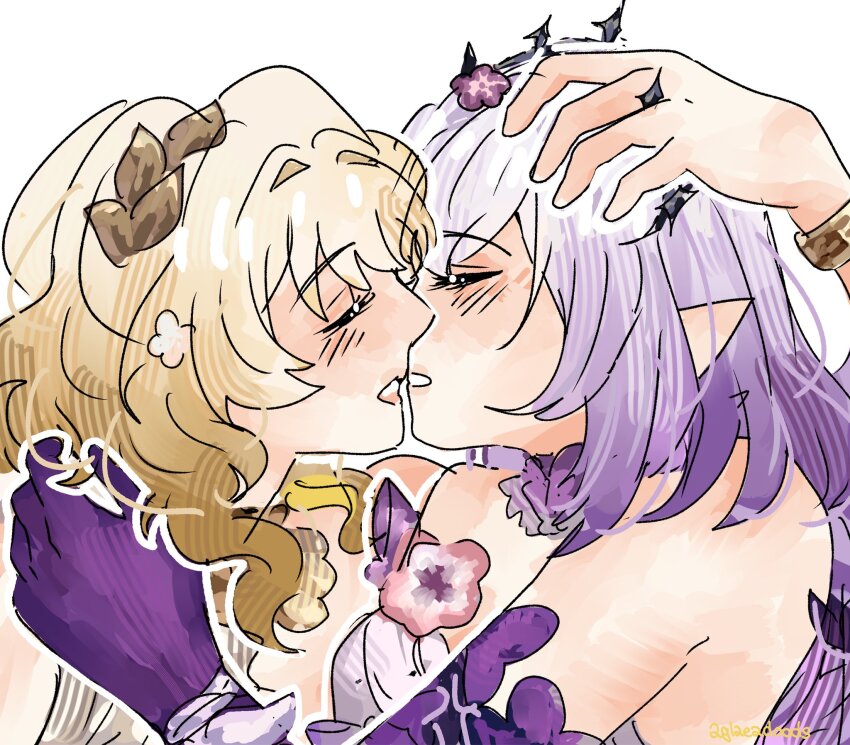 2girls, aglaea_(honkai:_star_rail), bare_shoulders, blonde_hair, blush, castorice_(honkai:_star_rail), closed_eyes, commentary