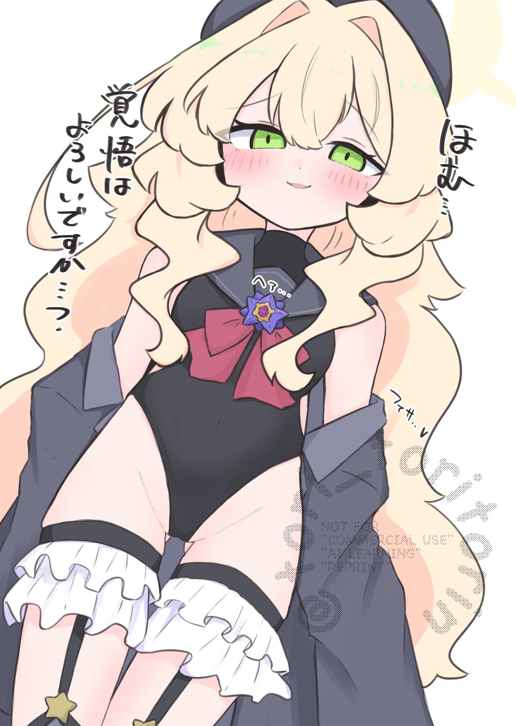 1girl, adapted_costume, bare_shoulders, beret, black_hat, black_leotard, blonde_hair, blue_archive