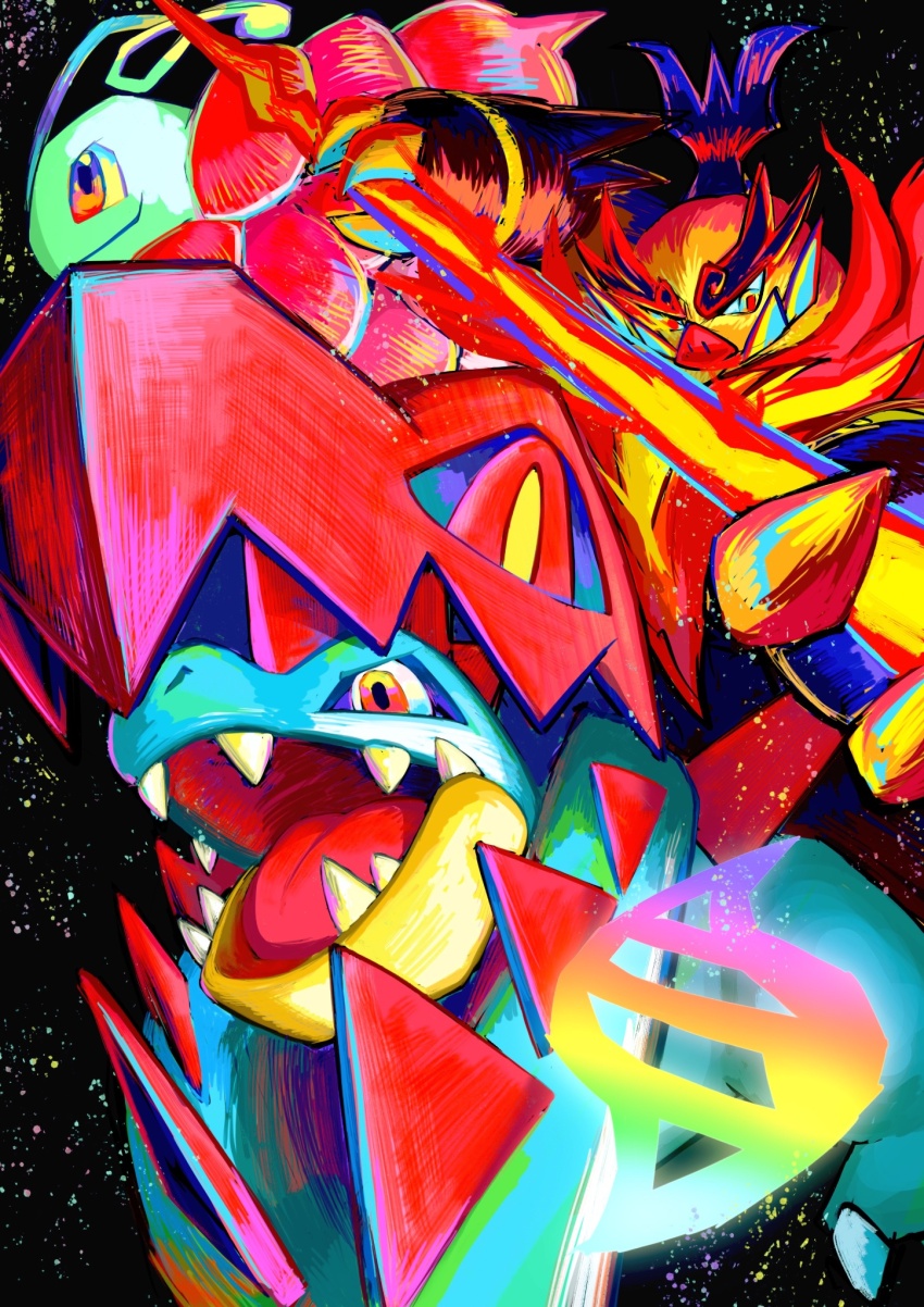 3others, black_background, blue_skin, claws, colored_skin, emboar, ezgk385, fangs