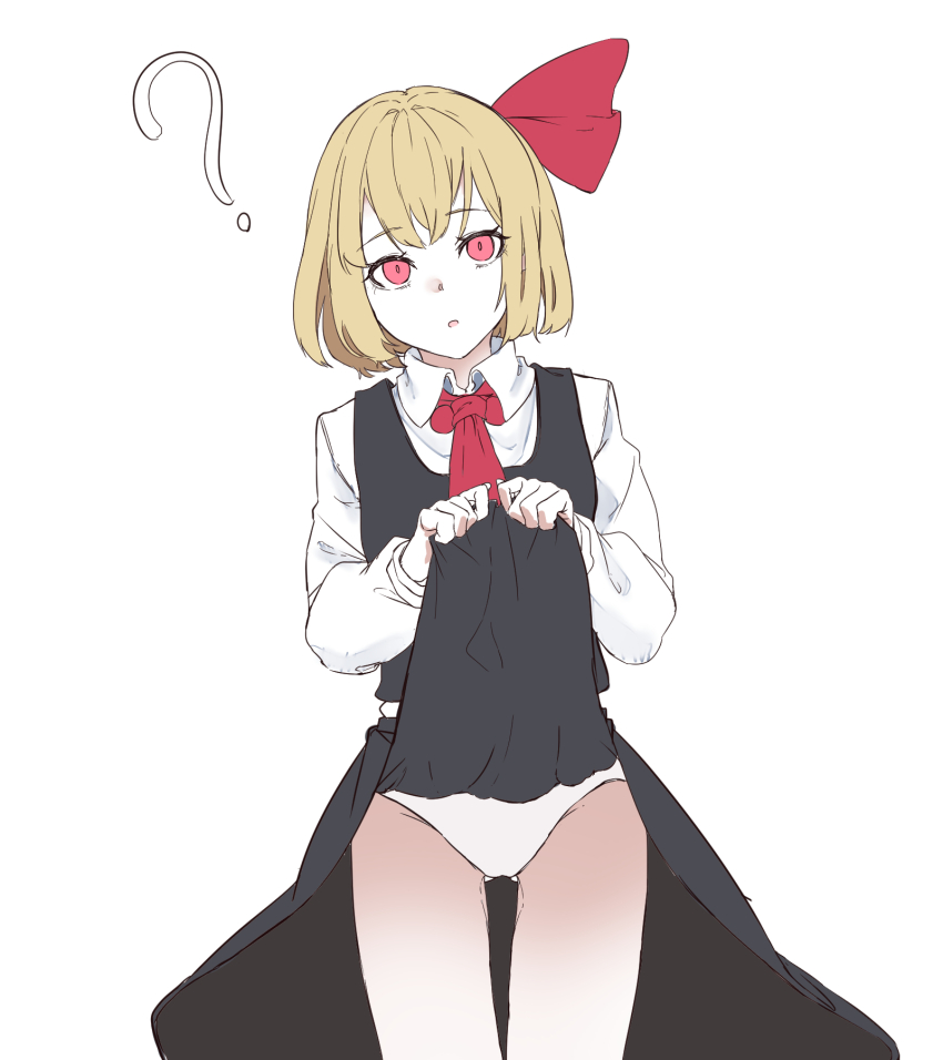 1girl, :o, ?, ascot, black_skirt, black_vest, blonde_hair, clothes_lift