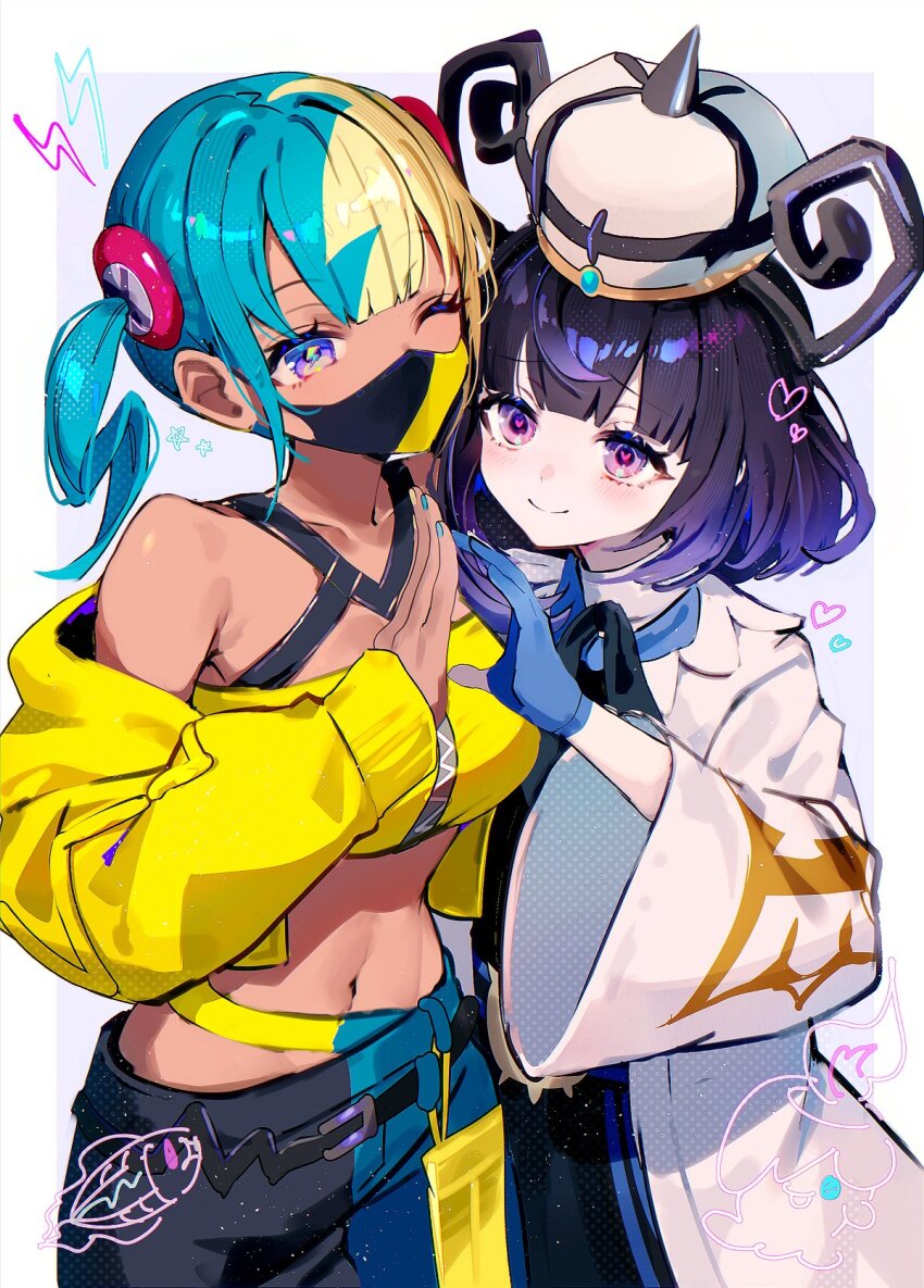 2girls, aqua_hair, black_dress, black_hair, black_pants, blonde_hair, blue_gloves, blue_nails