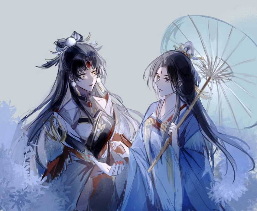 2girls, bare_shoulders, black_dress, black_hair, blue_hanfu, blue_robe, blue_umbrella, bow-shaped_hair, bush, chinese_clothes, chinese_commentary, closed_mouth, cnderg, cowboy_shot, curtained_hair, dress, earrings, expressionless, facial_mark, feather_trim, forehead_jewel, forehead_mark, gem, green_background, hair_ornament, hair_stick, hanfu, highres, holding, holding_umbrella, hua_yi_shanxin_zhiyue, jewelry, long_hair, long_sleeves, looking_at_another, multiple_girls, nail_polish, offering_hand, oil-paper_umbrella, parted_bangs, pom_pom_(clothes), pom_pom_earrings, pom_pom_hair_ornament, qixiong_ruqun, red_dress, red_gem, red_lips, red_nails, robe, see-through_cleavage, see-through_clothes, simple_background, sleeveless, sleeveless_dress, smile, tassel, tassel_earrings, topknot, two-tone_dress, umbrella, umbrella_over_shoulder, wei_yang, white_dress, white_robe, wide_sleeves, yellow_eyes, yuri, zhao_yang
