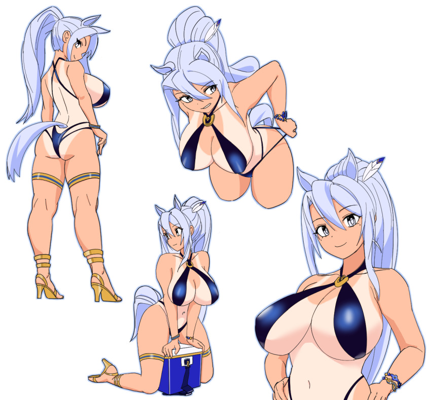 1girl, animal_ears, ass, bikini, blue_bikini, breasts, choukou_(alicesoft), choukou_taisen_escalation_heroines, cleavage, cooler, grey_eyes, halterneck, highres, horse_ears, horse_tail, large_breasts, long_hair, looking_at_viewer, multiple_views, nicole_quadriga, official_alternate_costume, ponytail, smile, swimsuit, tail, tan, tanline, thick_thighs, thighs, white_hair, yashi_(user_hdwu4284)