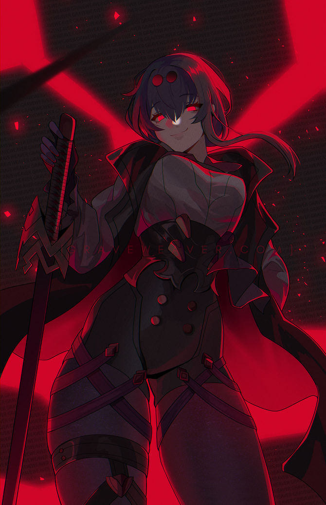 1girl, belt, black_hair, breasts, coat, contrapposto, cowboy_shot, dark, empty_eyes, glowing, glowing_eyes, graveweaver, hair_between_eyes, holding, holding_sheath, honkai:_star_rail, honkai_(series), kafka_(honkai:_star_rail), light_particles, long_sidelocks, looking_at_viewer, open_clothes, open_coat, popped_collar, red_coat, red_eyes, red_theme, scabbard, sheath, shirt, sidelocks, smile, solo, white_shirt