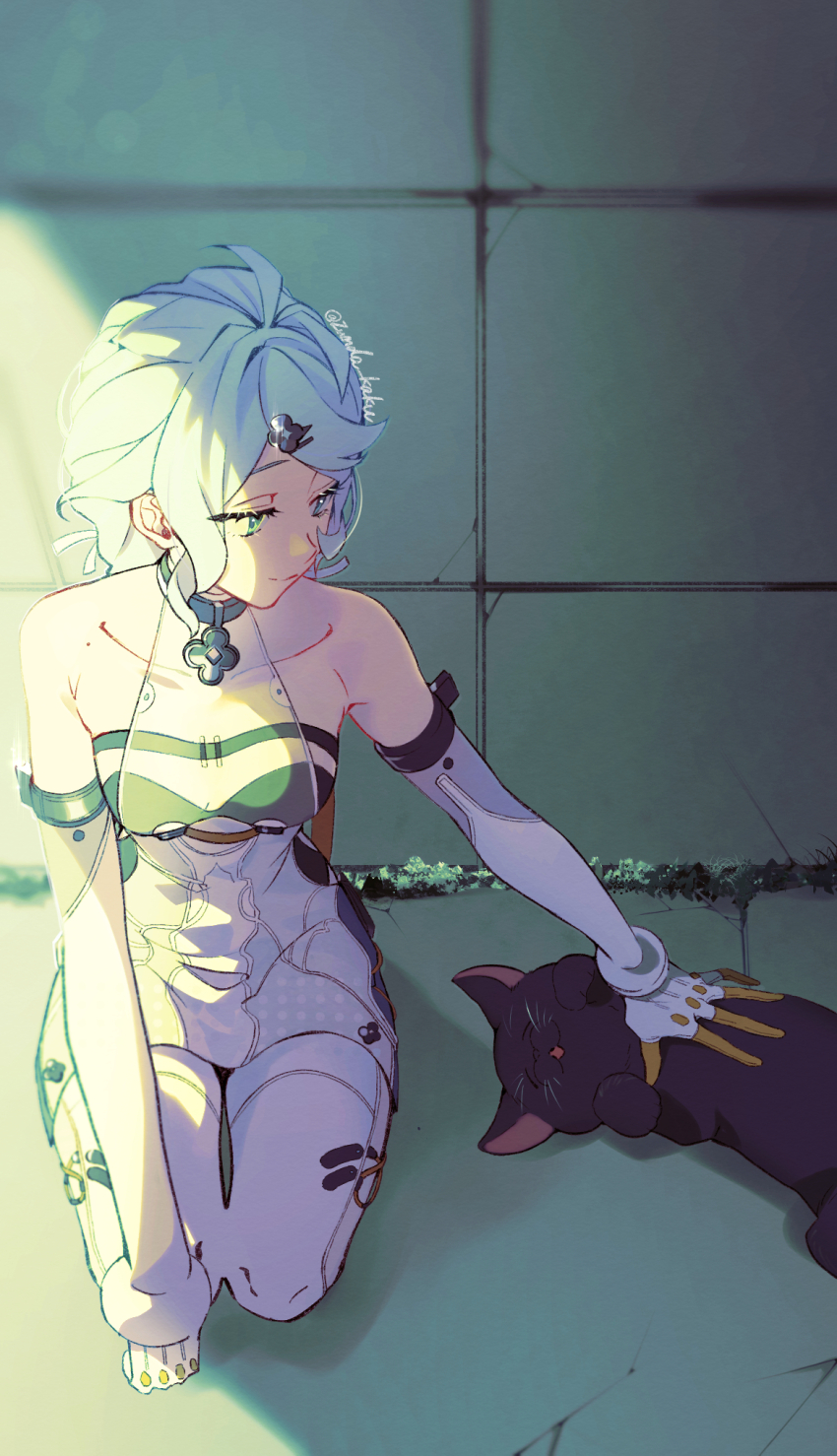 1girl, animal, artist_name, bare_shoulders, black_cat, blue_hair, bodysuit, breasts