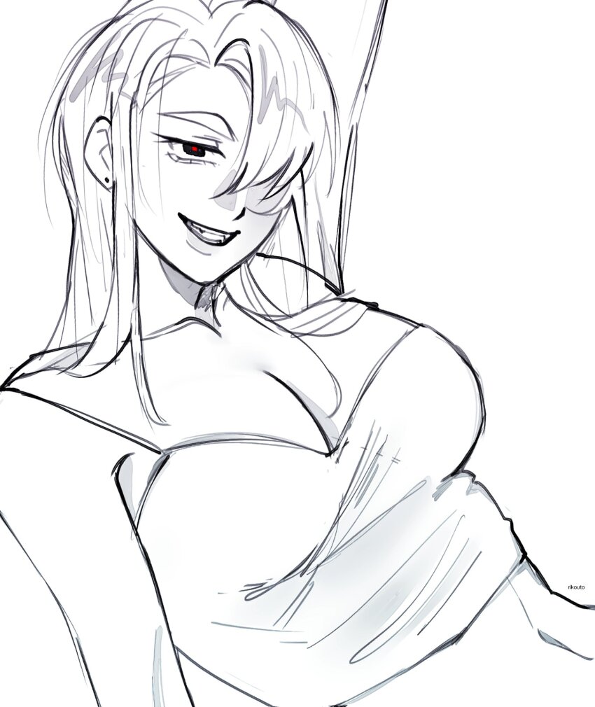 1girl, alien_stage, artist_name, breasts, camisole, cleavage, commentary, crop_top, english_commentary, genderswap, genderswap_(mtf), hair_over_one_eye, highres, ivan_(alien_stage), large_breasts, long_hair, navel, open_mouth, red_pupils, rikouto, smile, solo, spot_color