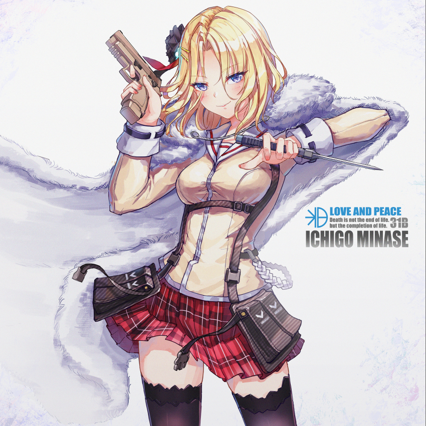 1girl, absurdres, belt, belt_pouch, black_flower, black_rose, black_thighhighs, blonde_hair, blue_eyes, blush, breasts, buckle, cape, character_name, cloak, closed_mouth, combat_knife, copyright_name, cowboy_shot, dagger, dual_wielding, english_text, eyes_visible_through_hair, finger_on_trigger, fingernails, floating_cape, flower, fur-trimmed_cape, fur-trimmed_cloak, fur_cape, fur_trim, gun, hair_between_eyes, hair_flower, hair_ornament, hairclip, handgun, heaven_burns_red, highres, holding, holding_dagger, holding_gun, holding_knife, holding_weapon, holster, knife, legs_apart, long_sleeves, looking_at_viewer, medium_breasts, medium_hair, minase_ichigo, miniskirt, nail_polish, parted_bangs, pink_nails, plaid_clothes, plaid_skirt, pleated_skirt, pouch, red_nails, red_skirt, reverse_grip, rose, sail_678, sailor_collar, school_uniform, shirt, short_hair, simple_background, skirt, sleeve_cuffs, smile, solo, standing, strap, thighhighs, trigger_discipline, weapon, white_background, white_cape, zettai_ryouiki, zipper, zipper_pull_tab