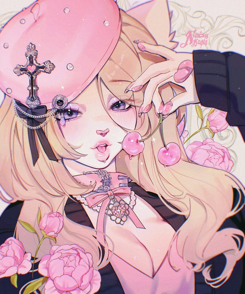 1girl, animal_ears, animal_nose, animal_print, arm_up, artist_name, belt_collar, beret