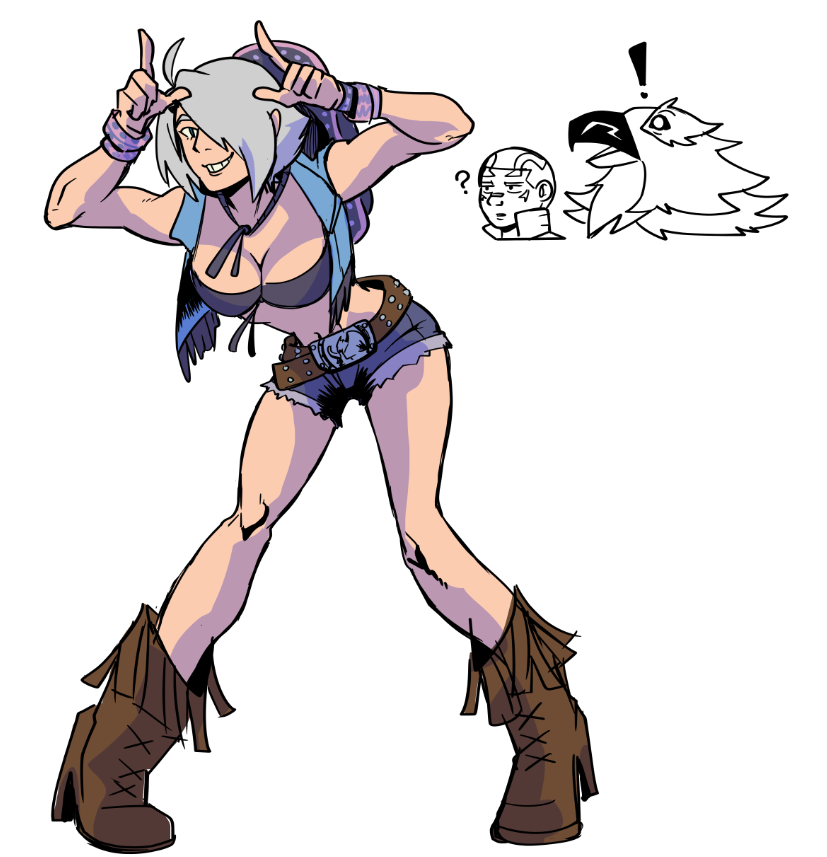 1girl, angel_(kof), bikini, bikini_under_clothes, blue_eyes, blue_shorts, boots, bra, breasts, cleavage, cowboy_boots, cowboy_hat, cutoffs, denim, denim_shorts, electrictiger12, fatal_fury, fatal_fury:_city_of_the_wolves, hair_over_one_eye, hat, horns_pose, in-franchise_crossover, index_fingers_raised, large_breasts, looking_at_viewer, micro_shorts, midriff, navel, short_hair, short_shorts, shorts, smile, snk, strapless, strapless_bra, swimsuit, the_king_of_fighters, tizoc_(snk), toned, toned_female, torn_clothes, torn_shorts, underwear, vox_reaper, white_hair
