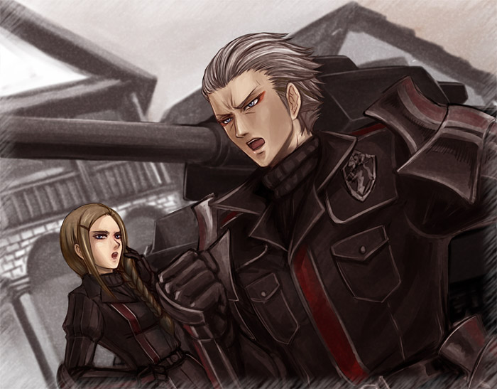 00s, 10s, 1boy, 1girl, audrey_gassenarl, baldren_gassenarl, blonde_hair, blue_eyes, braid, brother_and_sister, gloves, grey_hair, hands_on_own_hips, long_hair, military, military_uniform, military_vehicle, motor_vehicle, open_mouth, senjou_no_valkyria, senjou_no_valkyria_(series), senjou_no_valkyria_2, senjou_no_valkyria_3, short_hair, siblings, single_braid, tank, zenius