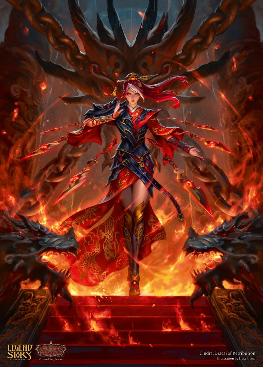 1girl, artist_name, chain, character_name, cindra_(flesh_and_blood), closed_mouth, copyright_name, dragon_statue, flesh_and_blood, floating, floating_object, floating_weapon, full_body, highres, knife, livia_prima, multicolored_hair, official_art, red_eyes, red_hair, solo, throwing_knife, weapon, white_hair