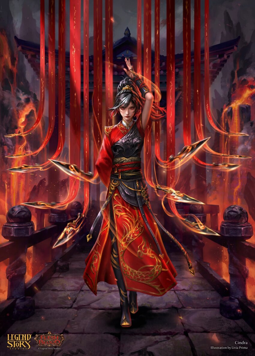 1girl, architecture, arm_behind_back, artist_name, black_hair, bridge, character_name, cindra_(flesh_and_blood), closed_mouth, copyright_name, dress, east_asian_architecture, flesh_and_blood, full_body, highres, knife, lava, livia_prima, official_art, red_eyes, solo, throwing, throwing_knife, weapon