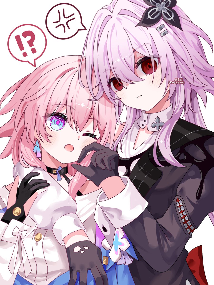 !?, 2girls, anger_vein, black_choker, black_gloves, bow, buttons, choker