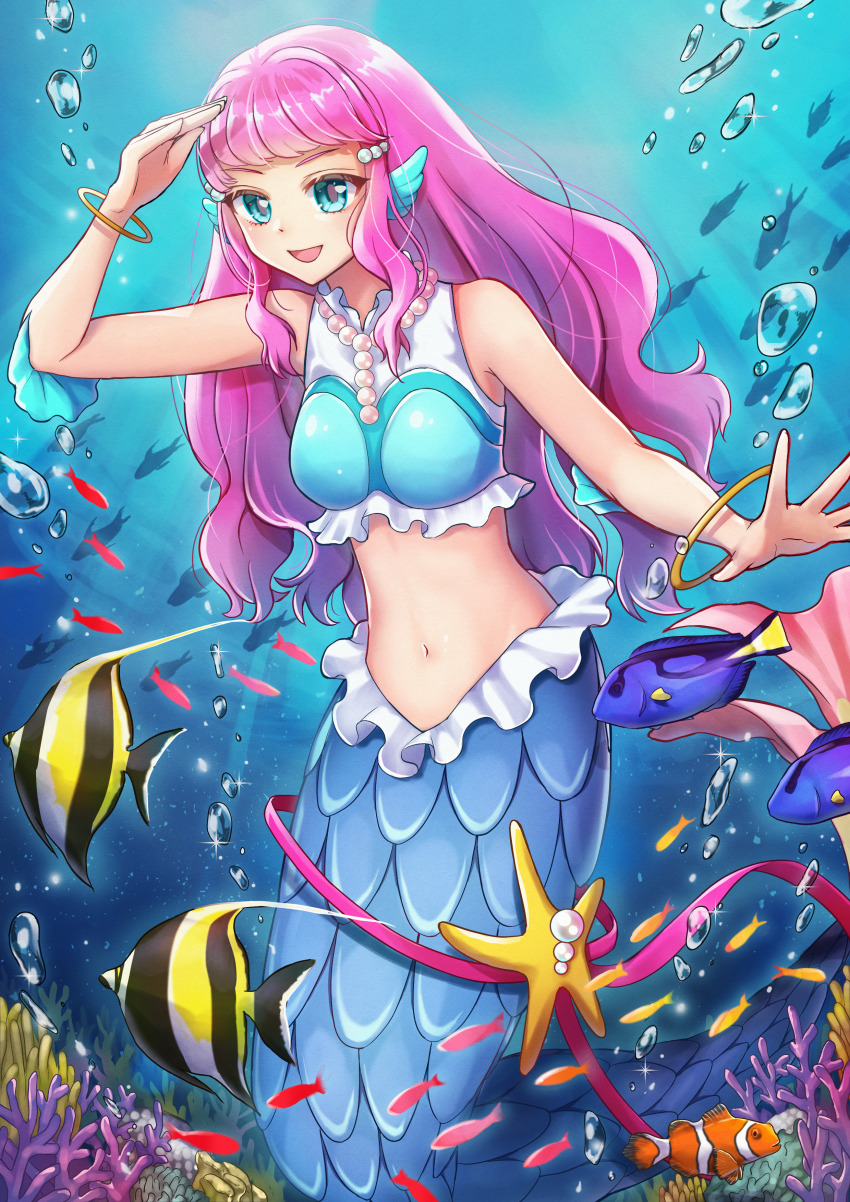1girl, absurdres, aqua_eyes, bracelet, breasts, crop_top, fish, gem, highres, jewelry, laura_la_mer, long_hair, looking_at_viewer, medium_breasts, mermaid, monster_girl, navel, ocean, open_mouth, pearl_(gemstone), pink_hair, precure, ranchu000, shirt, sleeveless, sleeveless_shirt, smile, solo, stomach, string_of_pearls, swimming, tropical-rouge!_precure, underwater