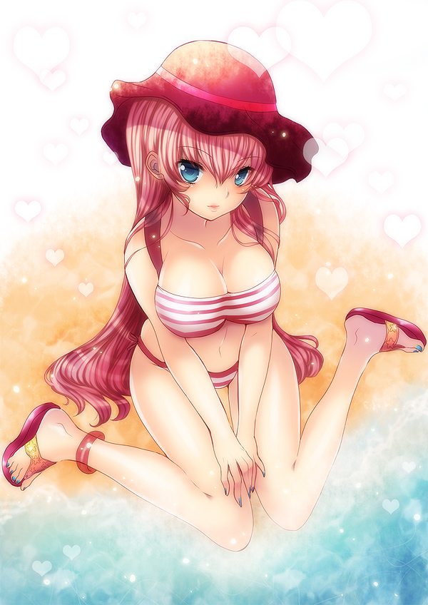 1girl, anklet, bare_legs, beach, bikini, blue_eyes, blush, breasts, cleavage, collarbone, female_focus, hat, heart, heart_background, jewelry, large_breasts, long_hair, looking_at_viewer, looking_up, megurine_luka, nail_polish, pink_eyes, ruchiru, ruchiru_(nico_seiga), sandals, sitting, solo, striped_bikini, striped_clothes, swimsuit, very_long_hair, vocaloid, wariza, water