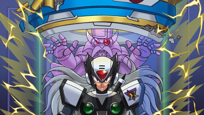 2boys, armor, beard, black_armor, black_helmet, black_zero_(mega_man), chest_jewel, closed_mouth