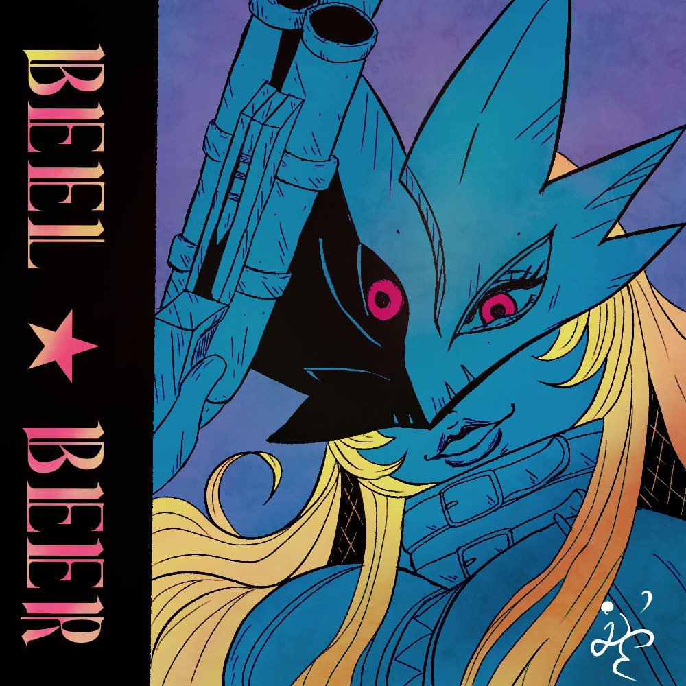 1girl, beelstarmon, blonde_hair, breasts, character_name, digimon, digimon_(creature), eye_mask, large_breasts, limited_palette, lips, long_hair, mask, omiyakoo, purple_background, purple_eyes, simple_background, solo, third_eye