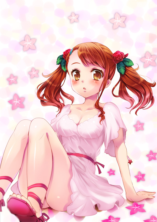 10s, 1girl, :o, anjou_naruko, ano_hi_mita_hana_no_namae_wo_bokutachi_wa_mada_shiranai., arm_support, bare_legs, blush, breasts, brown_eyes, cleavage, collarbone, dress, female_focus, flower, hair_flower, hair_ornament, high_heel_sandals, high_heels, looking_at_viewer, orange_hair, ruchiru, ruchiru_(nico_seiga), sandals, sitting, solo, star_(symbol), twintails